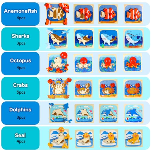 TOY Life Wooden Toddler Puzzle Gift Toys for 1 2 3 Years Old Boys Girls, 6 Pack Baby Puzzle for Kids Age 1-3, Sea Animal Shaped Montessori Toys STEM TOY Life