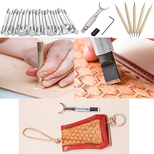 Dorhui Leather Craft Tools Kit, Leather Working Tools and Supplies for Christmas Gift Leather Craft Stamping Tool Waxed Thread Groover Awl Stitching Dorhui