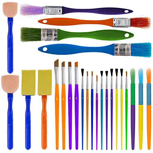 U.S. Art Supply 25-Piece Children's All Purpose Paint Brush Set - Artist Variety Value Pack, 6 Types, Flat, Round, Chip, Mop, Foam Tipped Brushes -