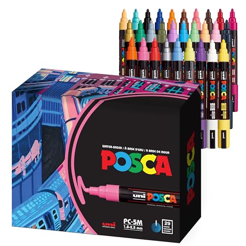 29 5M Medium Posca Markers with Reversible Tips, Set of Acrylic Paint Pens for Art Supplies, Fabric Paint, Fabric/Art Markers Uni Posca
