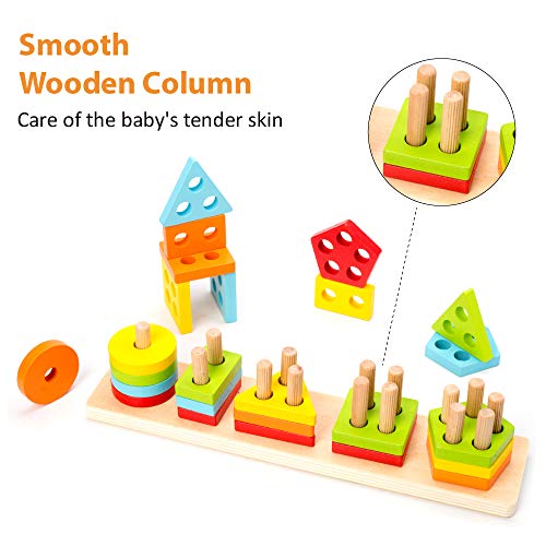 WOOD CITY Wooden Sorting & Stacking Toy, Shape Sorter Toys for Toddlers, Montessori Color Recognition Stacker, Early Educational Block Puzzles for