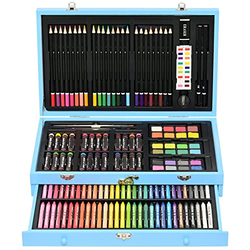 Sunnyglade 145 Piece Deluxe Art Set, Wooden Art Box & Drawing Kit with Crayons, Oil Pastels, Colored Pencils, Watercolor Cakes, Sketch Pencils, Paint Sunnyglade