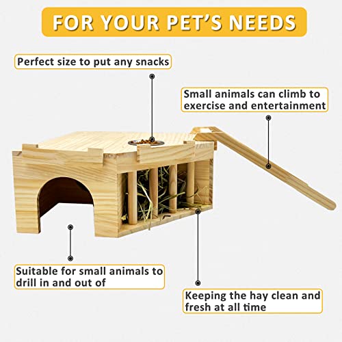 Hamiledyi Guinea Pig Castle Natural Wooden Rabbit House with Ladder and Hay Feeder Chinchilla Multi Chamber Hideaway Small Animal Hideout House for Hamiledyi