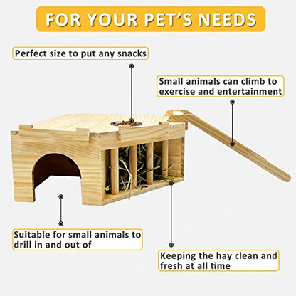 Hamiledyi Guinea Pig Castle Natural Wooden Rabbit House with Ladder and Hay Feeder Chinchilla Multi Chamber Hideaway Small Animal Hideout House for - WoodArtSupply