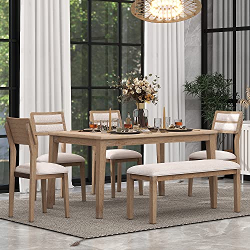 Merax, Natural Wood Wash 6-Piece 60" Wooden Dining Table Set with 4 Upholstered Chairs and 1 Bench,Classic and Traditional Style