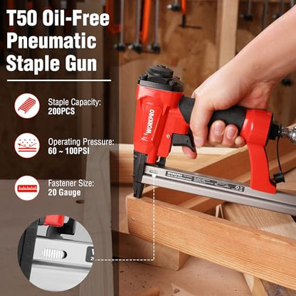 WORKPRO Pneumatic 20 Gauge Staple Gun, Oil-Free T50 Upholstery Stapler with 1260pcs 1/4" to 5/8" Staples, 200pcs Staple Capacity, Adjustable Exhaust, - WoodArtSupply