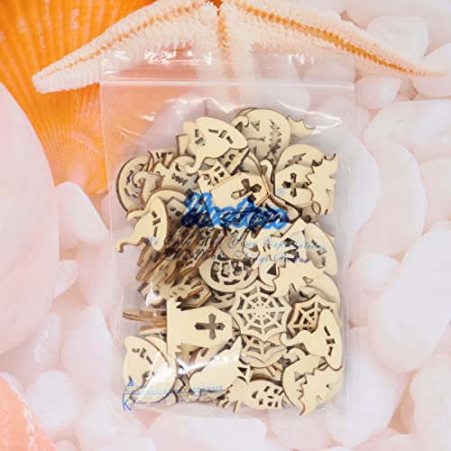 yueton 100PCS Mini Pumpkins Ghosts Spider Webs Witch Hats Bats Halloween Unfinished Blank Wood Pieces Wood Slices Wood Chips Embellishments for DIY yueton