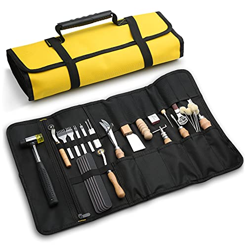 28 Pcs Leathercraft Hand Tools Kit, Upholstery Repair Kit Leather Working Tools with Leather Prong Punch, Leather Hammer, Stitching Groover, Leather JUPEAN