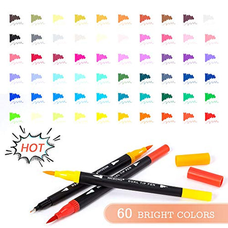 Art Markers Dual Brush Pens for Coloring, 60 Artist Colored Marker Set, Fine and Brush Tip Pen Art Supplier for Kids Adult Coloring Books, Bullet Nicecho