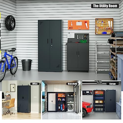 Garage Storage Cabinet 71" Tall Metal Storage Cabinet with 2 Doors and 4 Adjustable Shelf Height and Leg Levelers Includes Pegboard and Accessories
