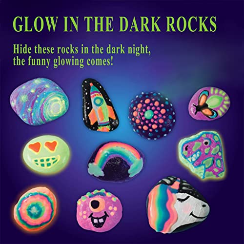 Komking Rock Painting Kit, Smooth Painting Rocks, 12 PCS Flat Craft Rocks Stones for Rock Painting with Acrylic Paint Pens, 4PCS Glow in the Dark