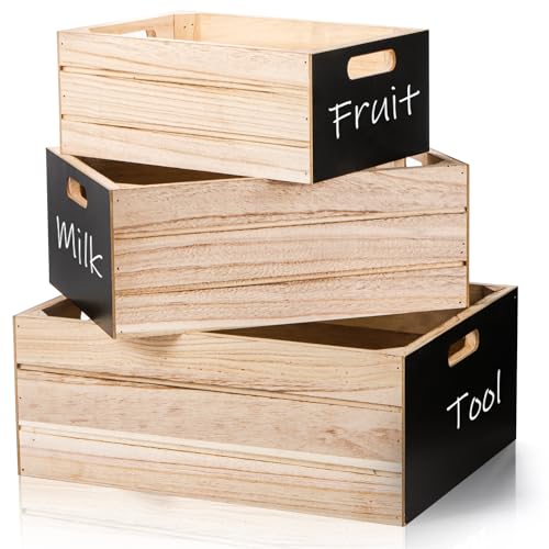 Lyellfe Set of 3 Wood Crates, Rustic Nesting Wooden Crates Unfinished for Display, Milk Organizer Storage Box with Chalkboard Handle, Natural Solid - WoodArtSupply