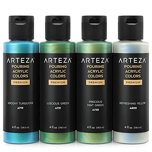 ARTEZA Iridescent Acrylic Paint, Set of 4, Gem Tones, 4 fl oz Bottles, High-Flow Pouring Paint, Art Supplies for Canvas, Glass, Wood, Ceramics, Tile, - WoodArtSupply