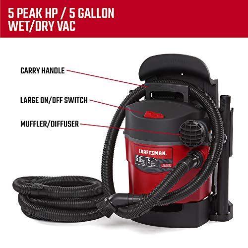 CRAFTSMAN CMXEVBE17925 5 Gallon 5.0 Peak HP Wet/Dry Wall Vac, Wall-Mounted Shop Vacuum with Attachments Craftsman