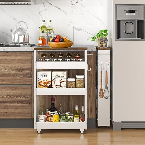 CHLORYARD Slim Storage Cart, 4-Tier Kitchen Rolling Cart Narrow Storage Cabinet with Handle & Wood Top, Metal Rolling Shelf Unit for Kitchen Bathroom CHLORYARD