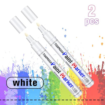 White Paint Pen Permanent Paint Markers - 2 Pack Oil Based Paint Markers, Medium Point, Quick Drying and Waterproof Paint Pens for Rock Painting Car - WoodArtSupply