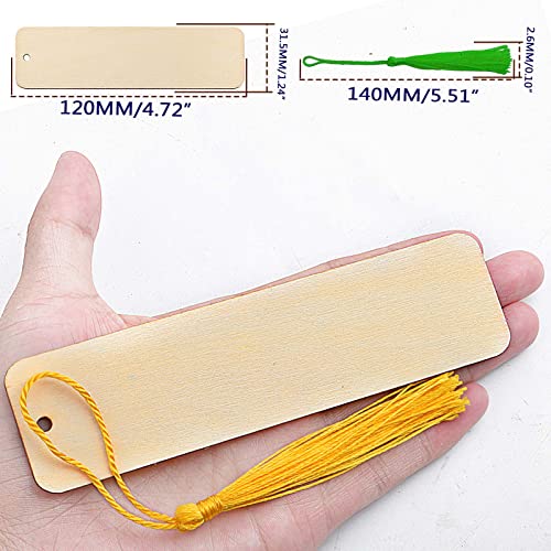 20pcs Natural Unfinished Wood Bookmarks Blank Template Wooden Bookmarks with 20pcs Colorful Tassels Ornaments for DIY Earring Keychain Crafts Jewelry