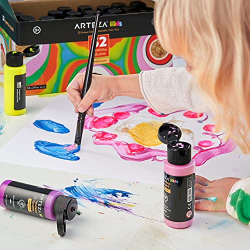 ARTEZA Tempera Washable Paint for Kids, Set of 32, 2.03oz/60ml Bottles, Poster Paint for Craft Projects, Sponge & Finger Painting, Includes Neon, ARTEZA