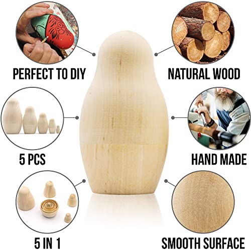 AEVVV Blank Russian Nesting Dolls Set 5 pcs - Unpainted Dolls - Unfinished Nesting Dolls - Russian Nesting Dolls to Paint - Blank Nesting Dolls - DIY AEVVV