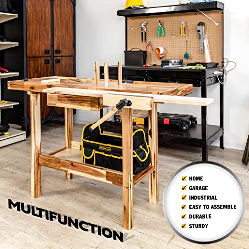 Olympia Tools 48-Inch Wood Workbench - 330 lbs Weight Capacity Wooden Workbench for Garage, Workshop and Home - Acacia Woodworking Bench Olympia Tools