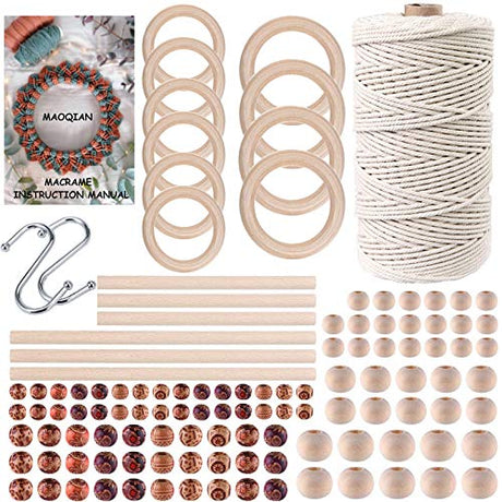 120pcs Macrame Kits for Beginners 3mm x 109yards Natural Cotton Macrame Cord with Wooden Beads & Rings,Wooden Sticks,Metal Rings Macrame Supplies MAOQIAN
