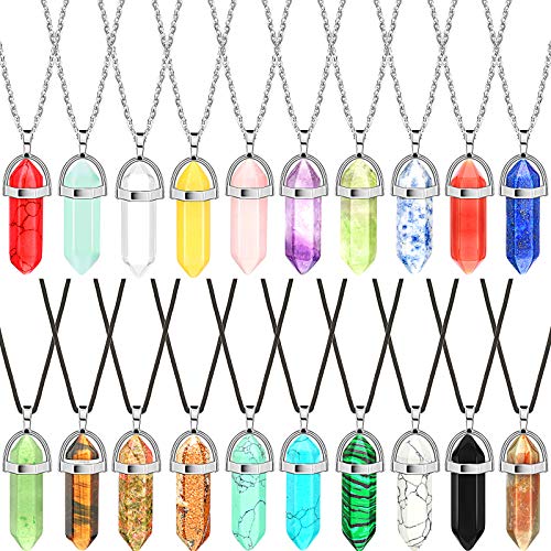 20 Pieces Hexagonal Crystal Necklaces Bullet Shape Gemstone Pendant Necklaces Quartz Stone Chain Necklaces with 20 Inch Chain and 18 Inch Leather Hicarer