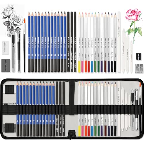 KALOUR Sketching Coloring Art Set - 38 Pieces Drawing Kit with Sketch Pencils,Watercolor Pencils,Charcoal,Brush,Eraser -Portable Zippered Travel Case KALOUR