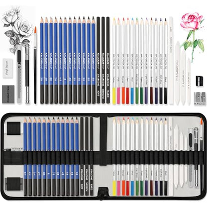 KALOUR Sketching Coloring Art Set - 38 Pieces Drawing Kit with Sketch Pencils,Watercolor Pencils,Charcoal,Brush,Eraser -Portable Zippered Travel Case - WoodArtSupply