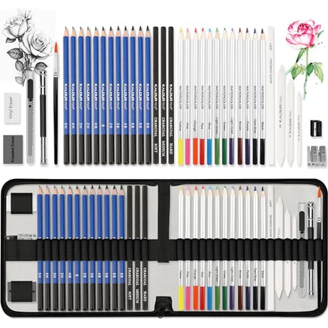KALOUR Sketching Coloring Art Set - 38 Pieces Drawing Kit with Sketch Pencils,Watercolor Pencils,Charcoal,Brush,Eraser -Portable Zippered Travel Case KALOUR