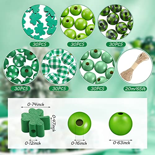 180 Pieces St Patrick's Day Wood Beads Green Shamrock Craft Bead Plaid Natural Wood Round Beads Lucky Clover Beads DIY Wood Beads for Irish St - WoodArtSupply