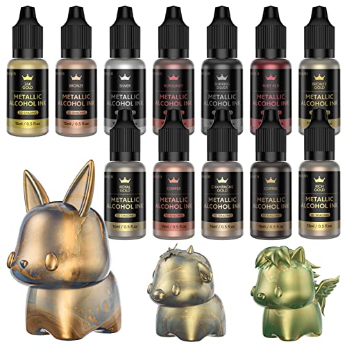 Metallic Alcohol Ink Set - 12 Metal Color Alcohol-Based Resin Inks, High Concentrated Extreme Shimmer with Gemstone Mixatives for Epoxy Resin Petri - WoodArtSupply