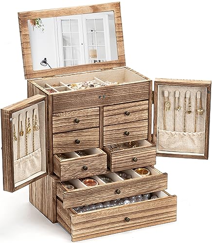 Jewelry Box for Women Wooden Jewelry Boxes & Organizers 5-Layer Rustic Latest Large Jewelry Organizer Box 2023 with Mirror & 8 Drawers for Rings Emfogo