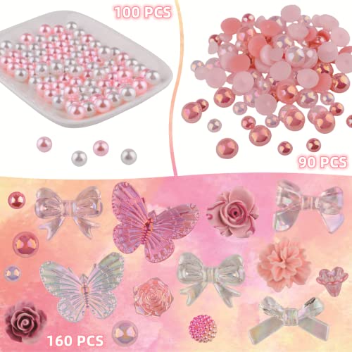 Kikonoke 350 Pieces 3D Resin ABS Colorful Rose Flower Bows Butterfly Charms with Flatback Half Round Pearl Beads for Bracelet Earring Necklace Craft kikonoke