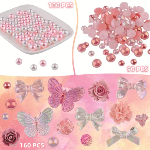 Kikonoke 350 Pieces 3D Resin ABS Colorful Rose Flower Bows Butterfly Charms with Flatback Half Round Pearl Beads for Bracelet Earring Necklace Craft - WoodArtSupply