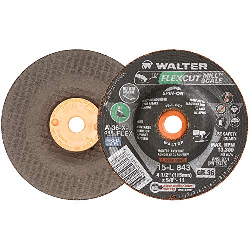 Walter 15L843 4-1/2x5/8-11 Flexcut Mill Scale Spin-On Grinding Wheels Contaminant Free Type 29S Grit 36, 25 Pack Walter Surface Technologies