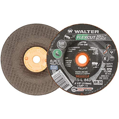 Walter 15L843 4-1/2x5/8-11 Flexcut Mill Scale Spin-On Grinding Wheels Contaminant Free Type 29S Grit 36, 25 Pack - WoodArtSupply