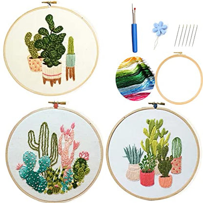 Highkick Embroidery Starter Kits for Adults Beginners with Stamped Pattern, Embroidery Floss + Needles + Hoop, Cactus Series, 3 Pack - WoodArtSupply