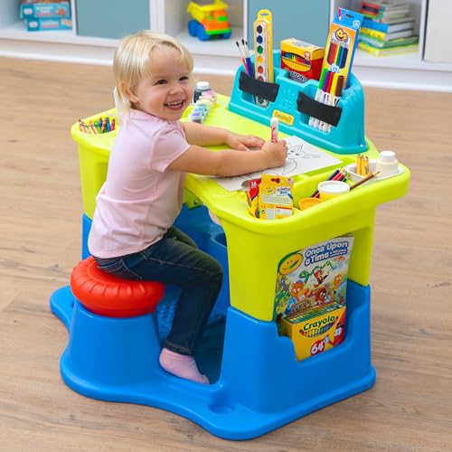 Simplay3 Creative Kids Art Desk Table and Chair Set with Attached Desk Chair, Full Floor and Art Storage Simplay3