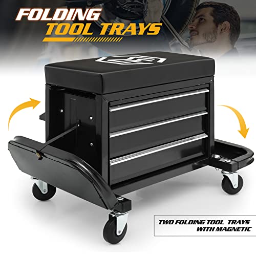 Magshion Rolling Stool with 3-Drawer Toolbox Padded Mechanic Stool Creeper Seat with Foldable Tool Tray 350 lbs Capacity Garage Workshop Stool Magshion