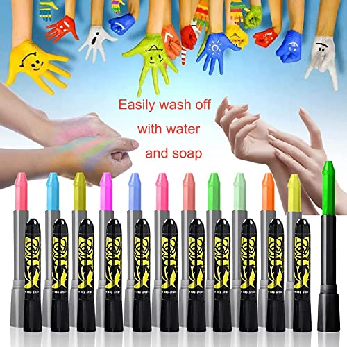 12 colors Glow in The Dark Body Paint UV Neon Face Paint Crayons Halloween Neon Face Painting Crayons Kit for Halloween Costume Holiday Birthday - WoodArtSupply