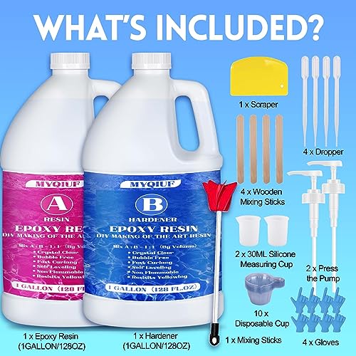 Epoxy Resin Kit, 2 Gallon Epoxy Resin Crystal Clear Not Yellowing No Bubble Self Leveling for DIY Molds Wood Jewelry Table Tops Bar Top Casting Myqiuf