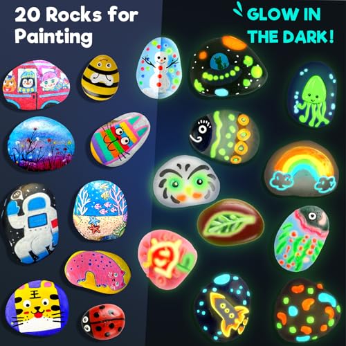 Kids Rock Painting Kit Christmas Gift - 20 Rocks Glow in The Dark - Arts and Crafts for Kids 4-6, Toys for Ages 4-12 Boys and Girls, Creative Gift
