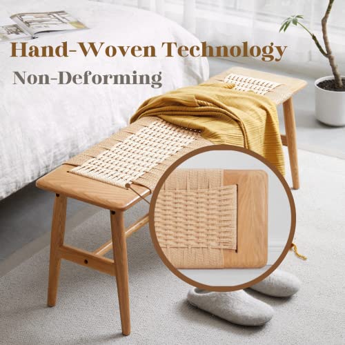 Hymus 32" L 100% FAS Oak Wooden Bench Indoor - Solid Wood Rope Woven Entryway Bench, Dining Bench, Boho Furniture for Entryway, Dining Room, Bedroom, Hymus