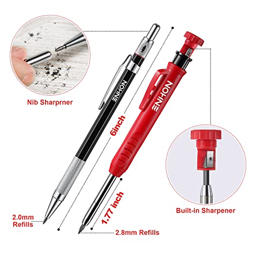 Enhon Mechanical Carpenter Pencils Set with Marker Refills and Carbide Scriber Tool, Solid Deep Hole Woodworking Pencils Marker Marking Tools with Enhon