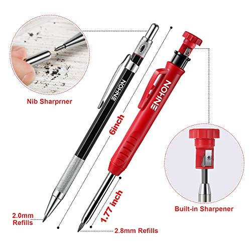 Enhon Mechanical Carpenter Pencils Set with Marker Refills and Carbide Scriber Tool, Solid Deep Hole Woodworking Pencils Marker Marking Tools with