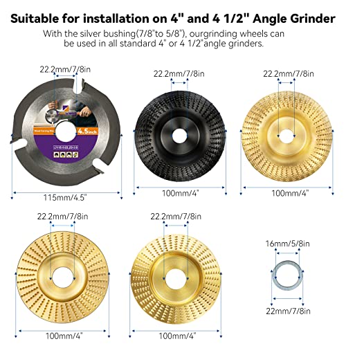 TOOVEM Angle Grinder Carving Disc Kit 5 PCS Including 4 Wood Shaping Grinding Discs and 1 Speedcutter Wood Carving Disc for 4" or 4 1/2" Angle - WoodArtSupply