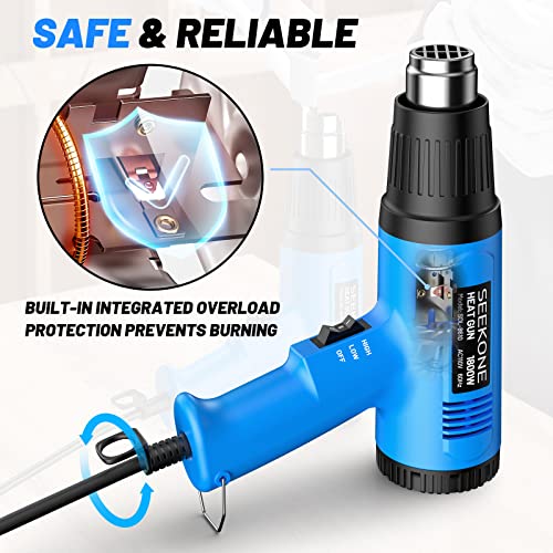 SEEKONE Heat Gun, 1800W Heavy Duty Hot Air Gun Kit with 572℉&1112℉ Dual-Temperature Settings and 4 Nozzles for Shrinking PVC,Stripping Paint, Crafts SEEKONE