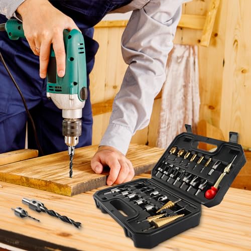 Rocaris 26 Pack Woodworking Chamfer Drilling Tools, Including Countersink Drill Bits, Wood Plug Cutter, Step Drill Bit, Center Punch, L-Wrench