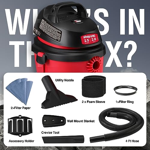 Shop-Vac 2.5 Gallon 2.0 Peak HP Wet/Dry Vacuum, Portable Compact Shop Vacuum with Top Handle, Wall Bracket & Attachments Shop-Vac