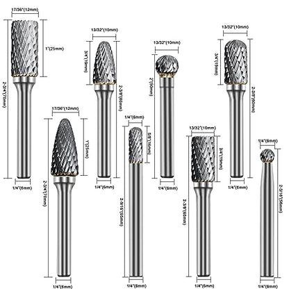 ASNOMY 8pcs Carbide Burr Set with 1/4''(6mm) Shank Double Cut Solid Carbide Rotary Burr Set Cutting Burrs for Die Grinder Drill, Metal Wood Carving, - WoodArtSupply